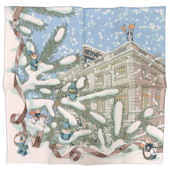 HERMES Petit Noel au 24 Faubourg Gavroche Silk Light Blue Scarf Muffler - Picture 2 of 5
